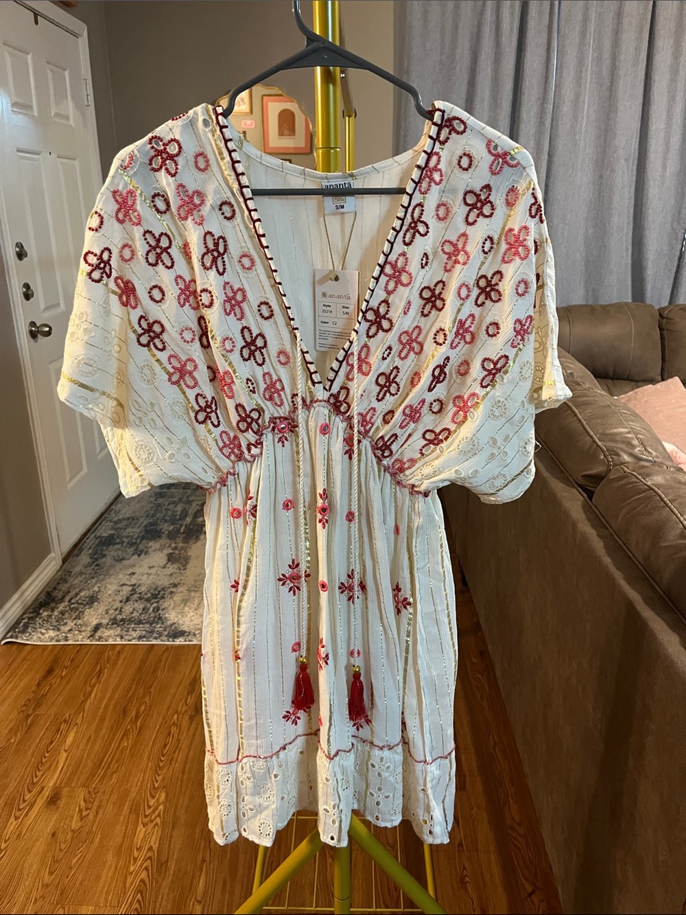 Embroidered Ivory Mini Dress with Red Floral Detail